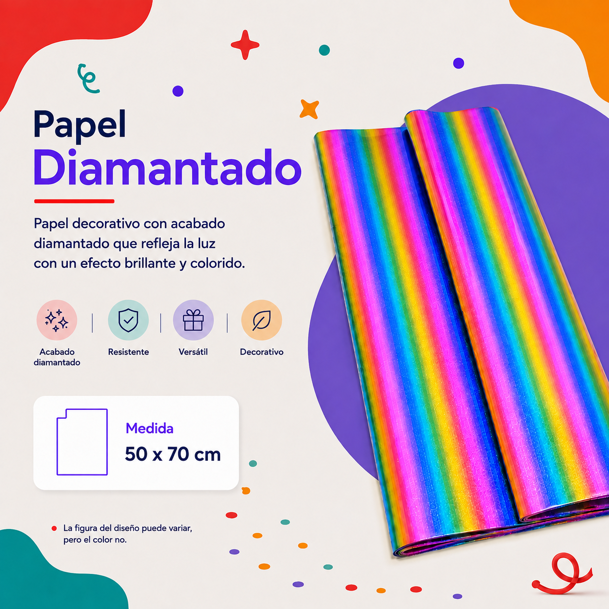 Papel Diamantado Arcoíris (10 piezas)